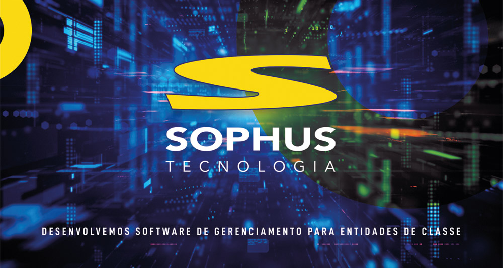 Logotipo da Sophus com fundo de imagens variadas ligadas a tecnologia